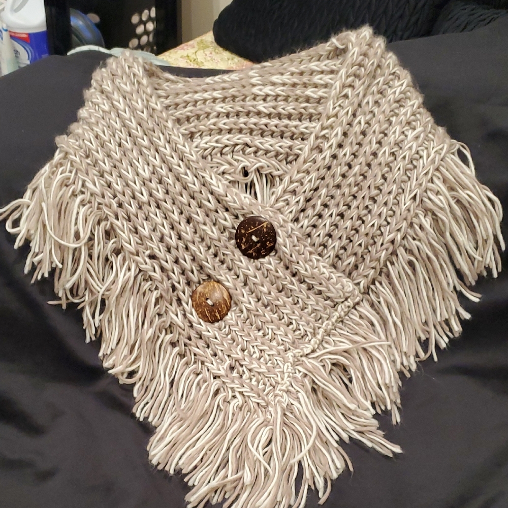 Beige Knit Fringe Poncho with Decorative Buttons